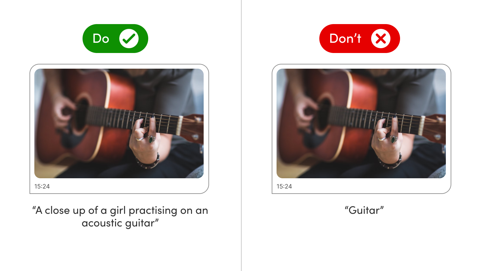 An example of writing good alt tags using a photo of a girl practising the guitar. The first is descriptive of the image content. The second example says only 'guitar'. 