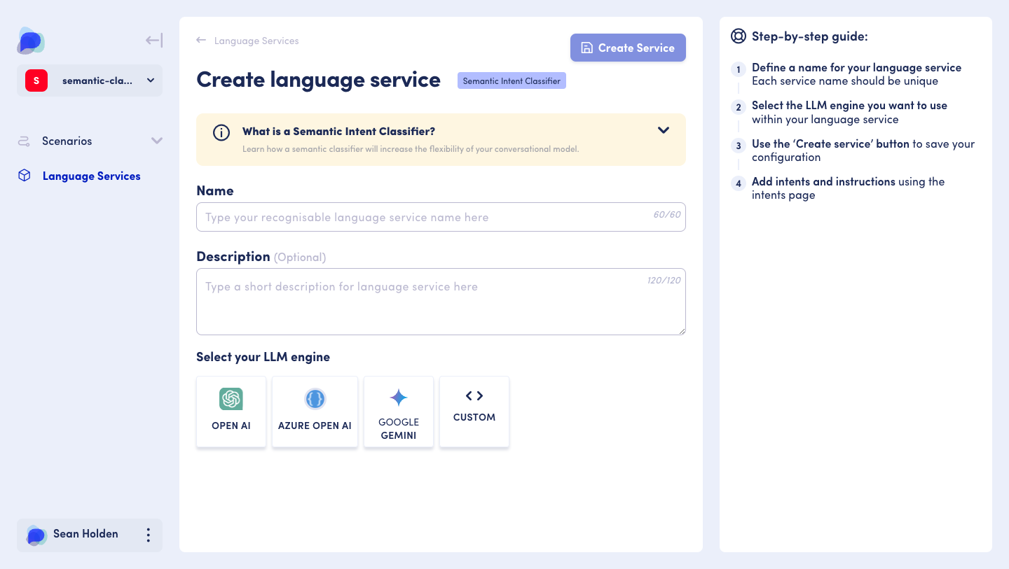 The Semantic intent classifier screen displays all the configuration options available including name, description and LLM engine