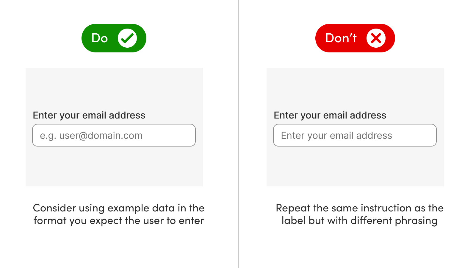 A side by side comparison shows 2 form fields. The left hand one displays helpful placeholder text, the right hand one show unhelpful placeholder text
