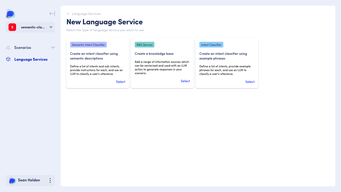 The language services landing page within the Open Dialog product - showing a semantic classifier 