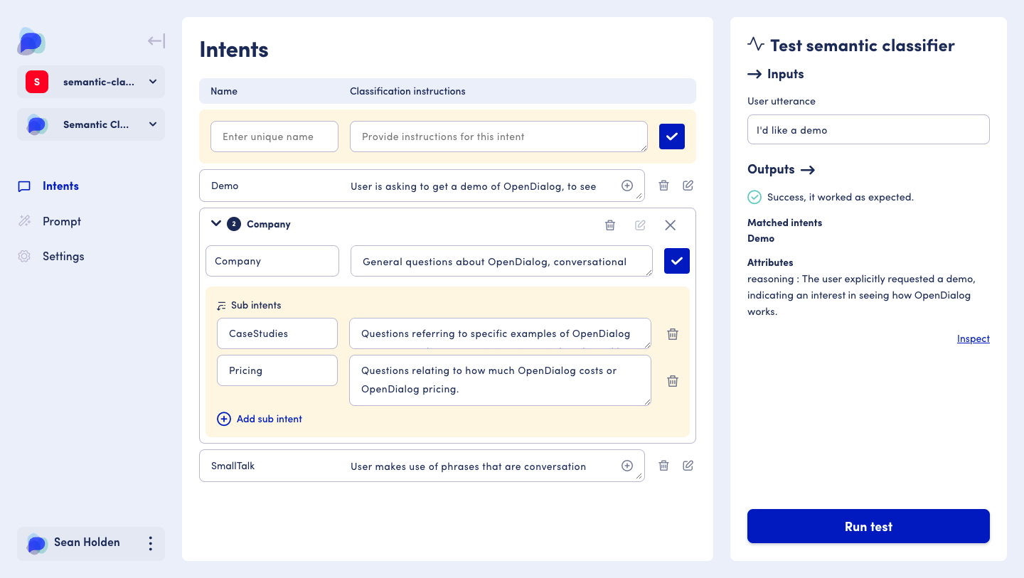 Editing intents using the user interface tools