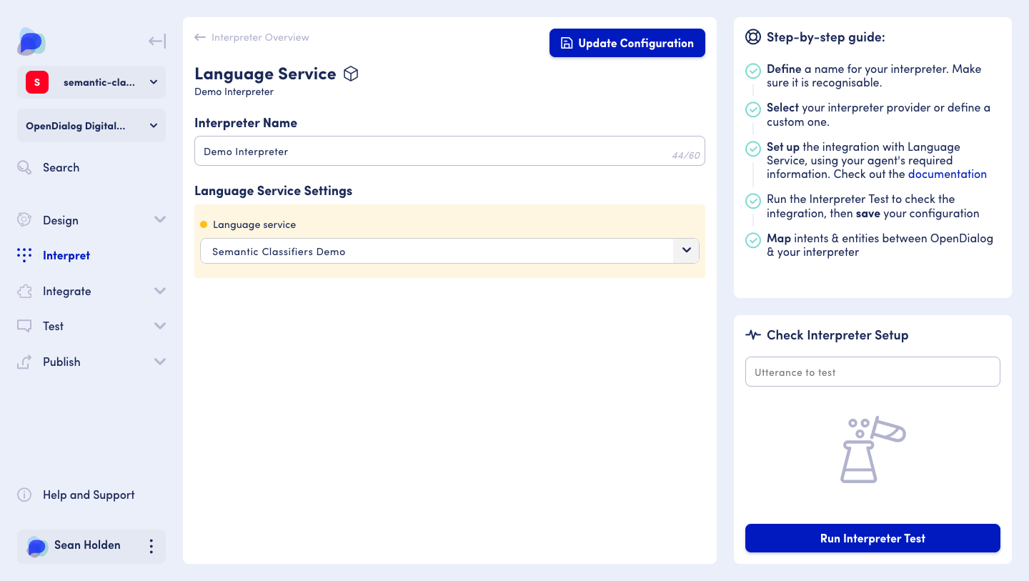 Creating a new interpreter and selecting the Semantic intent classifier language service 