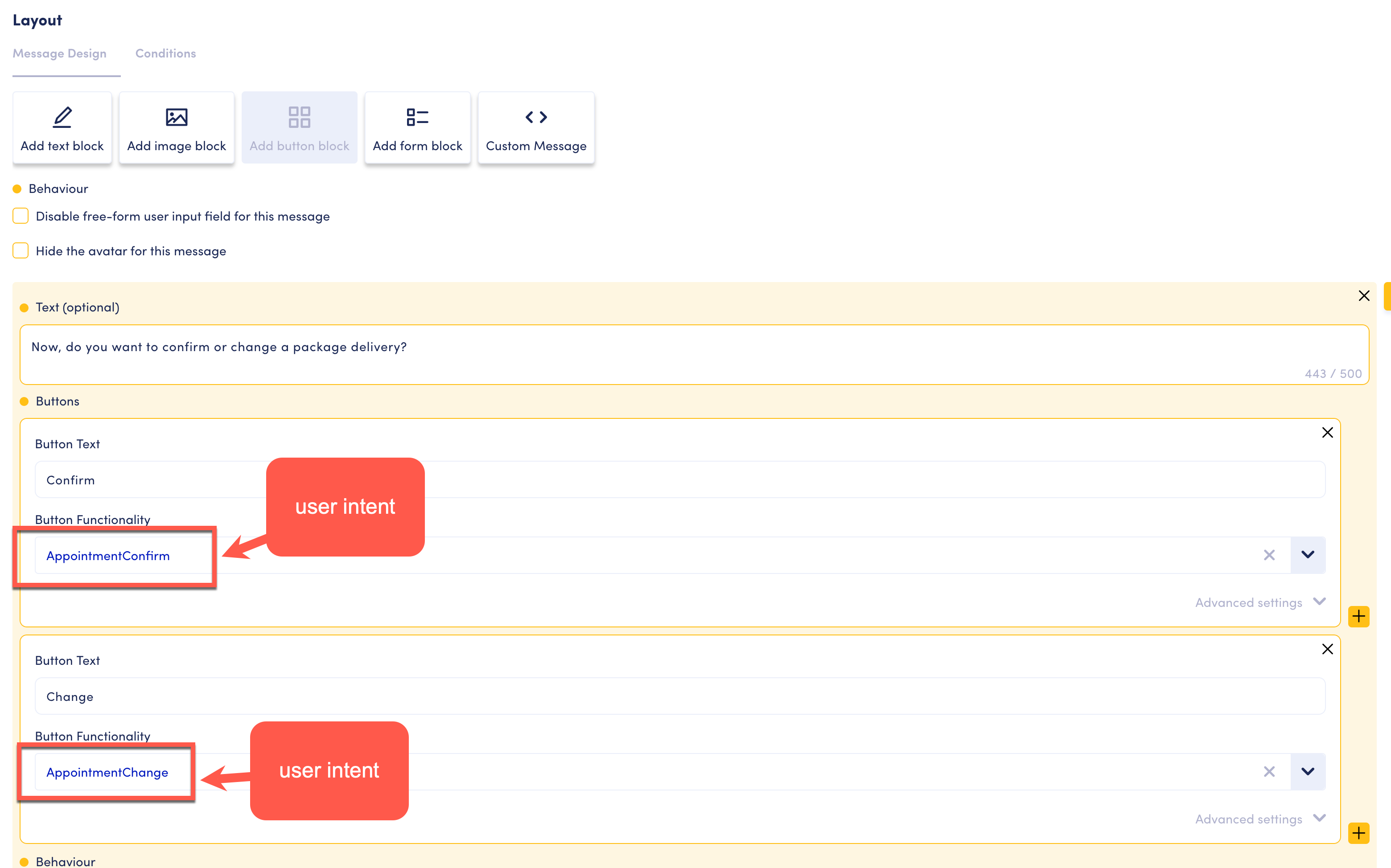 This button shows the details of the button block in the message editor and selection of user intent for each button.