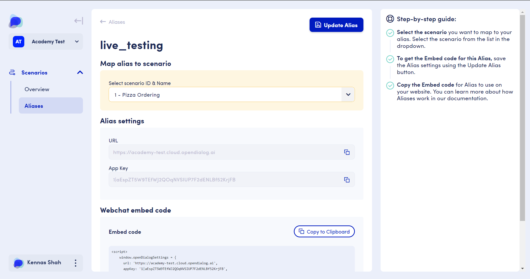 Screenshot with UI to update an alias