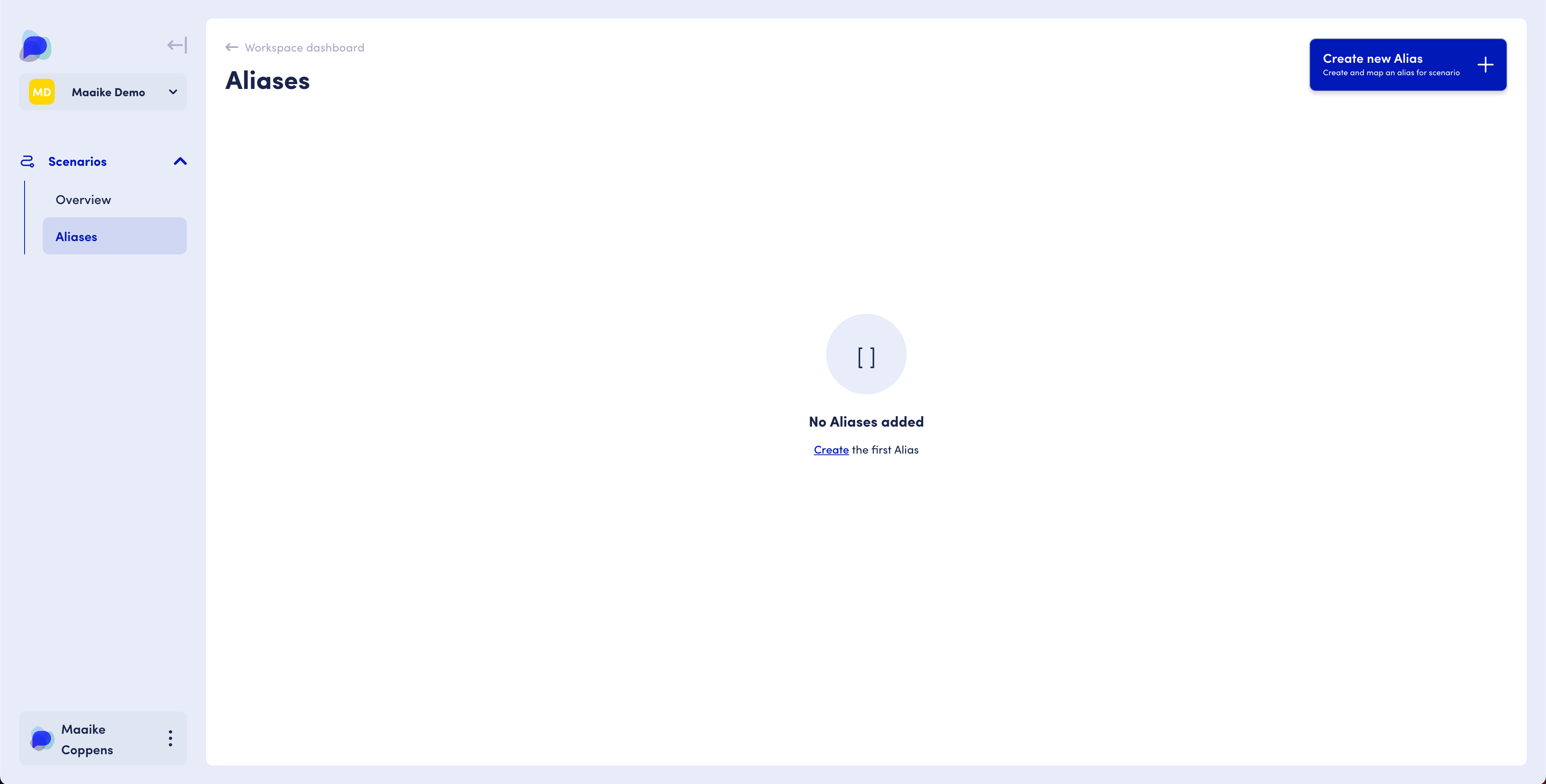 Screenshot of Alias homepage