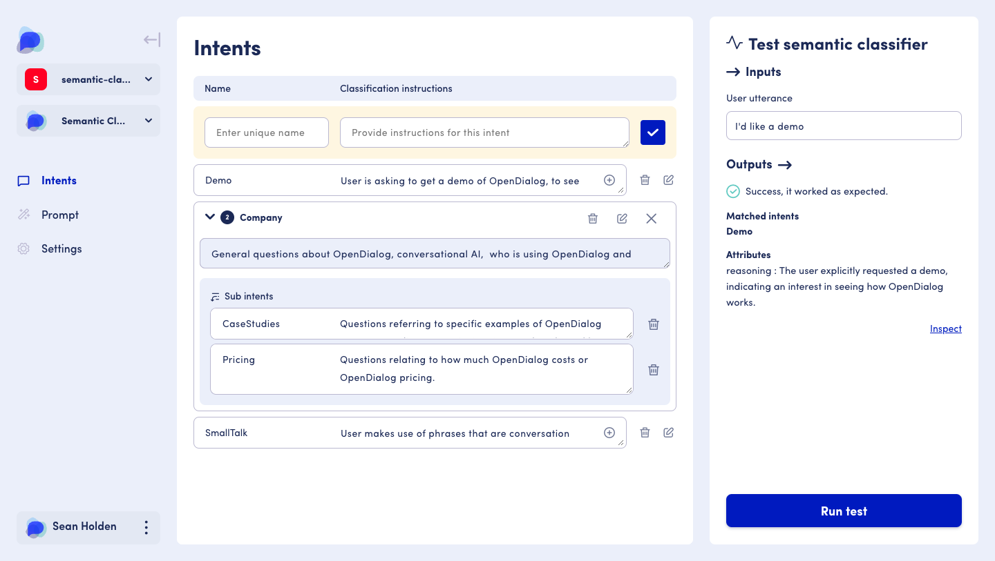 Adding intents and sub intents into a Semantic intent classifier using names and instructions to support matching