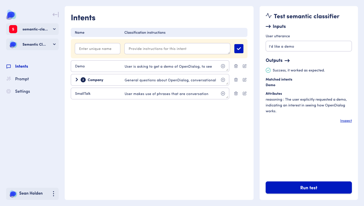 The Semantic intent classifier, showing a list of intents and sub intents with instructions 